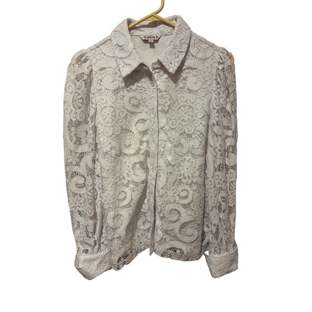 Nanette Lepore White Floral Lace Button Down Blouse Puff Sleeve Collared Top M